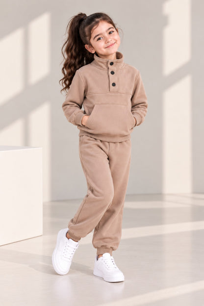 Aww Hunnie Full Sleeves Solid High-Neck Fleece Jogger Set