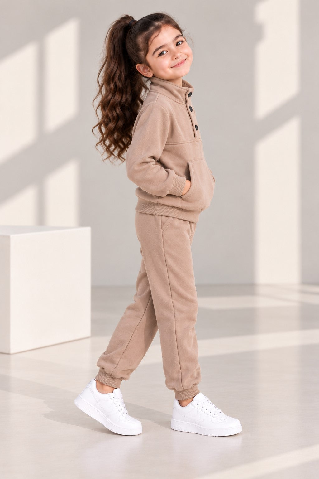 Aww Hunnie Full Sleeves Solid High-Neck Fleece Jogger Set