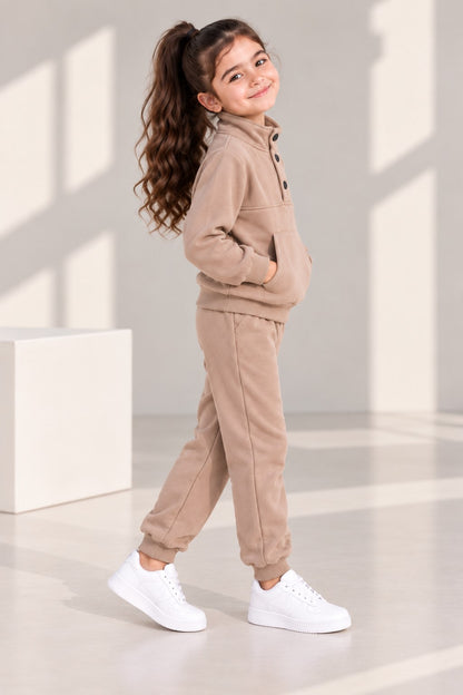 Aww Hunnie Full Sleeves Solid High-Neck Fleece Jogger Set