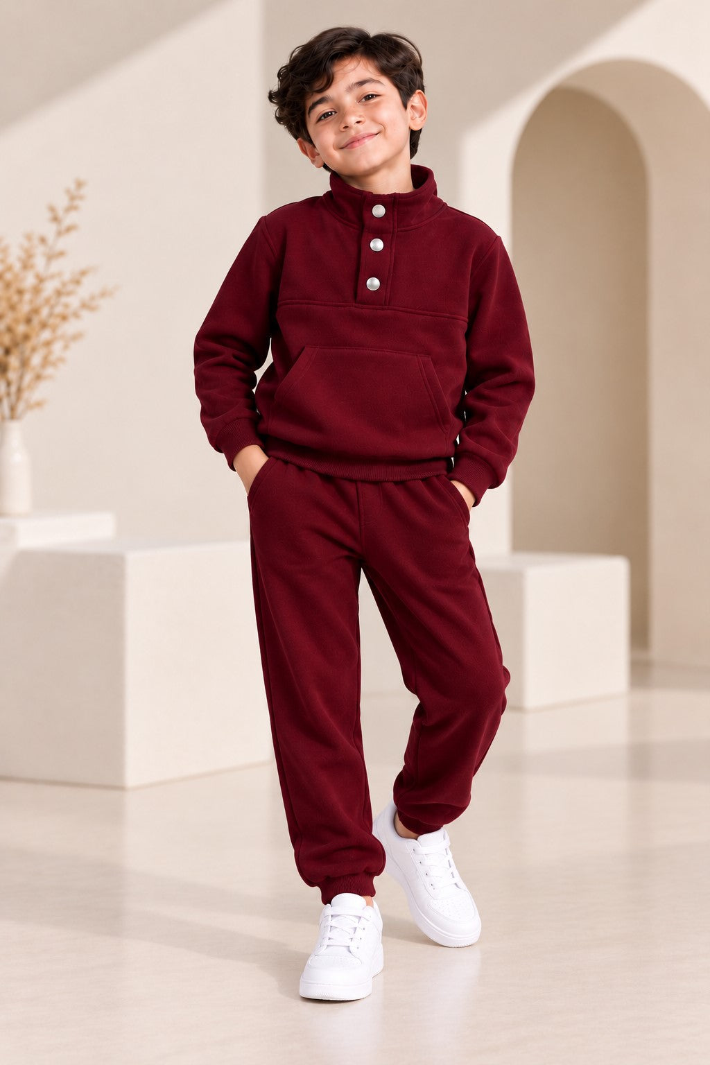 Aww Hunnie Full Sleeves Solid High-Neck Fleece Jogger Set