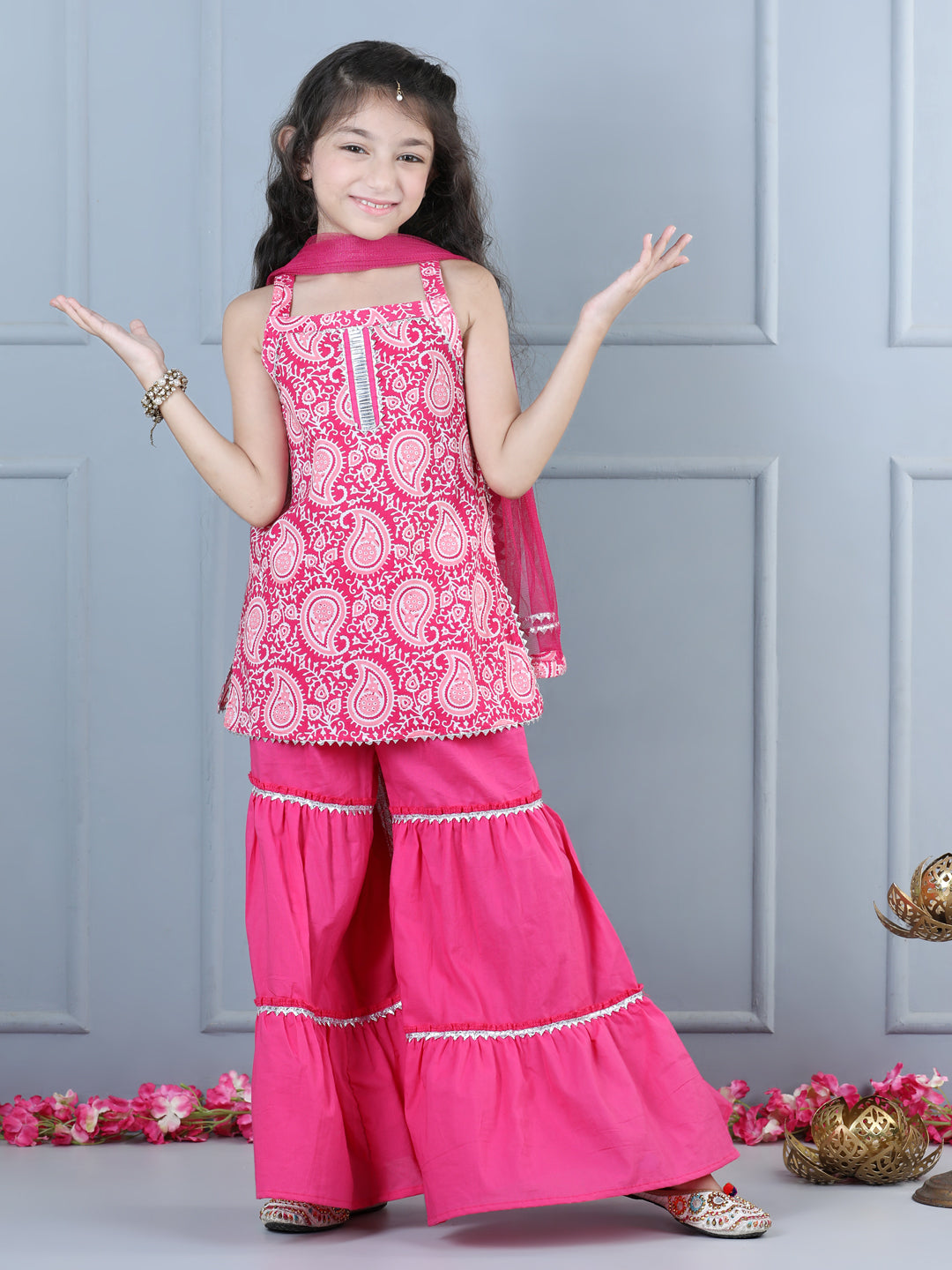 Aww Hunnie Girls Jaipur Cotton Print Sleeveless Kurta & Sharara Set – Pink Festive Elegance
