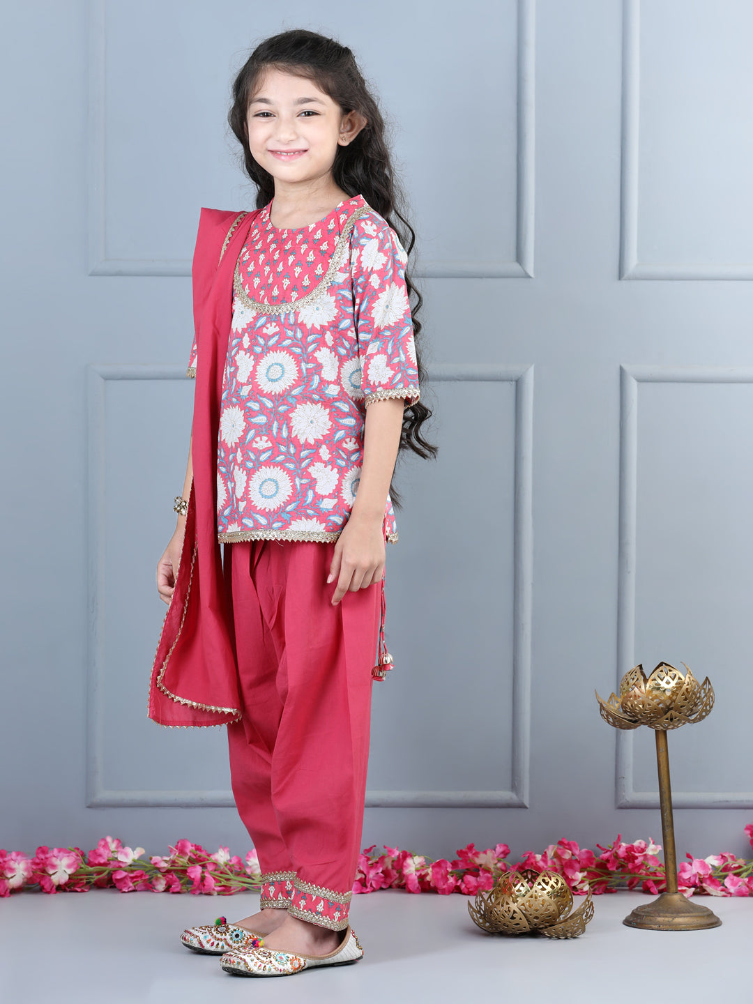 Aww Hunnie Girls Peach Jaipuri Cotton Kurta Salwar Set – Premium Festive Ensemble