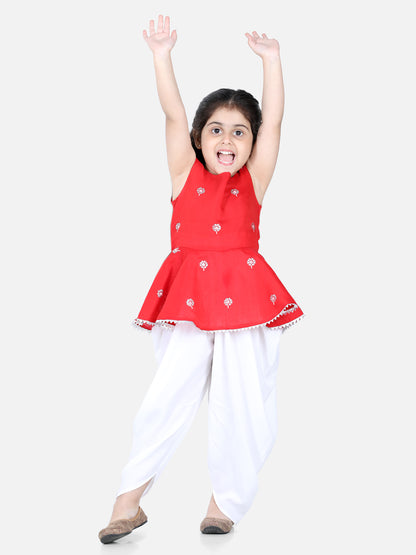 Aww Hunnie Girls Red Peplum Top & Dhoti Set – Premium Cotton Festive Wear