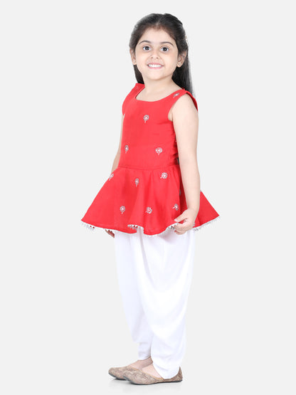 Aww Hunnie Girls Red Peplum Top & Dhoti Set – Premium Cotton Festive Wear