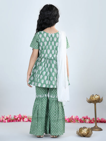 Aww Hunnie Girls Green Jaipuri Cotton Peplum Top & Sharara Set – Premium Festive Wear