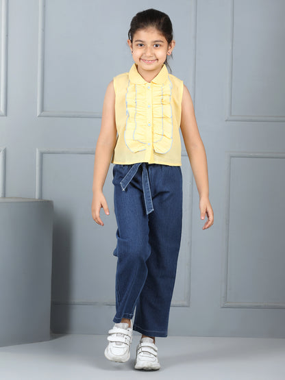 Aww Hunnie Girls’ Sleeveless Frill-Collar Cotton Shirt & Belted Denim Pants Set – Premium Kidswear