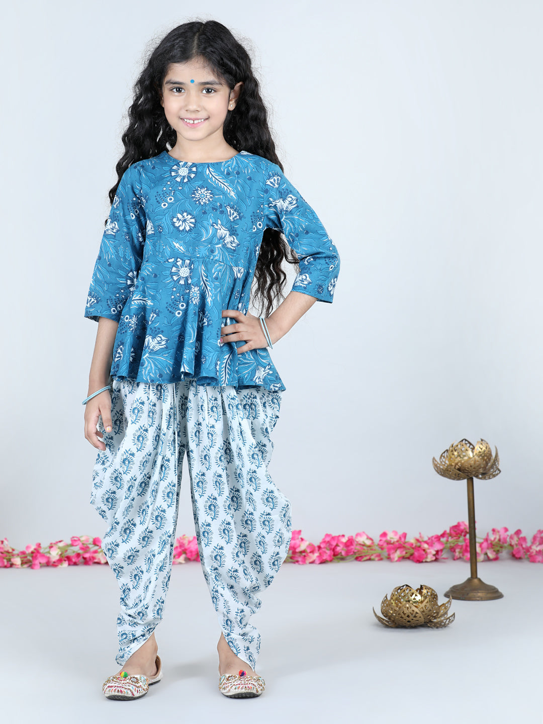 Aww Hunnie Girls Blue Jaipuri Cotton Peplum Top & Dhoti Set – Premium Festive Wear