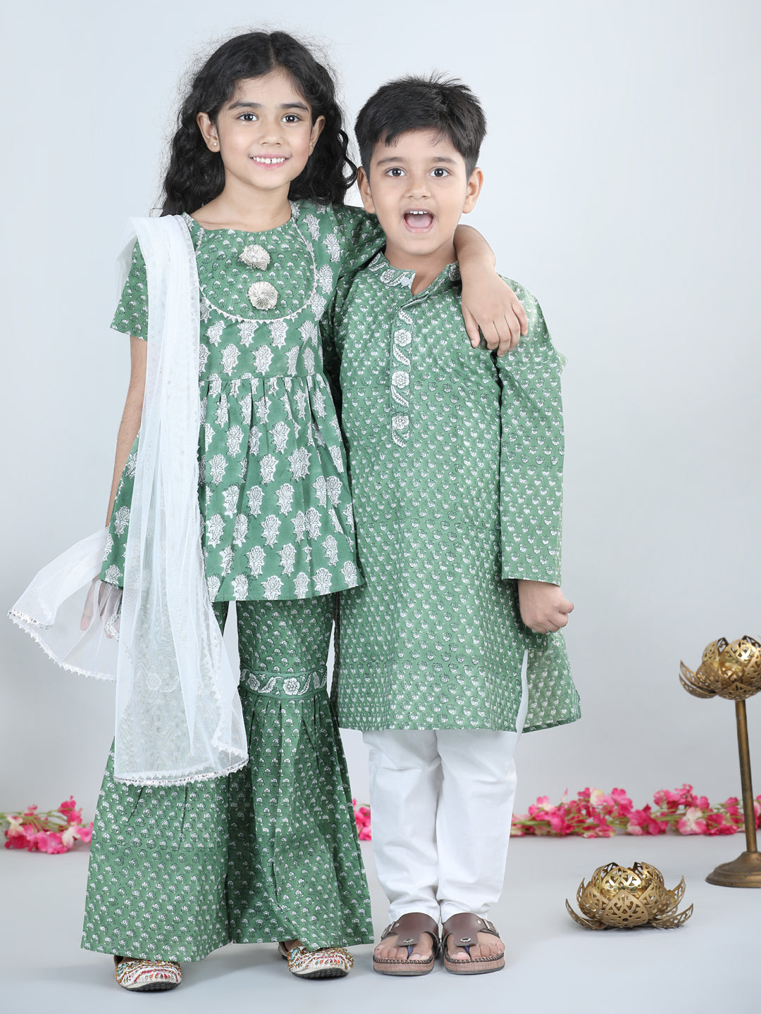 Aww Hunnie Girls Green Jaipuri Cotton Peplum Top & Sharara Set – Premium Festive Wear