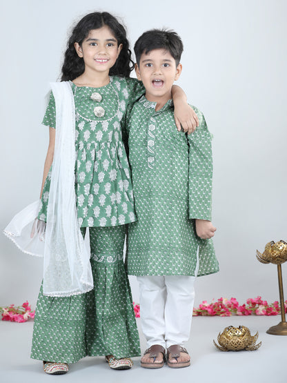 Aww Hunnie Girls Green Jaipuri Cotton Peplum Top & Sharara Set – Premium Festive Wear