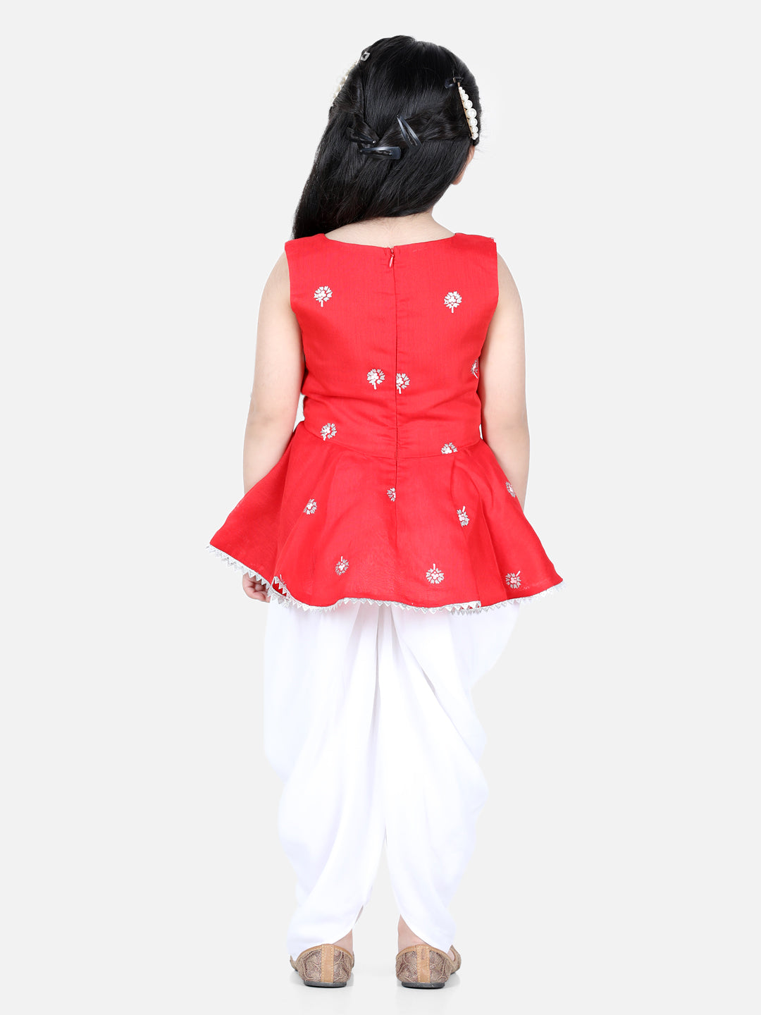 Aww Hunnie Girls Red Peplum Top & Dhoti Set – Premium Cotton Festive Wear