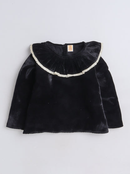 Full Sleeves Neck Frill Detailed Solid Velvet Party Top