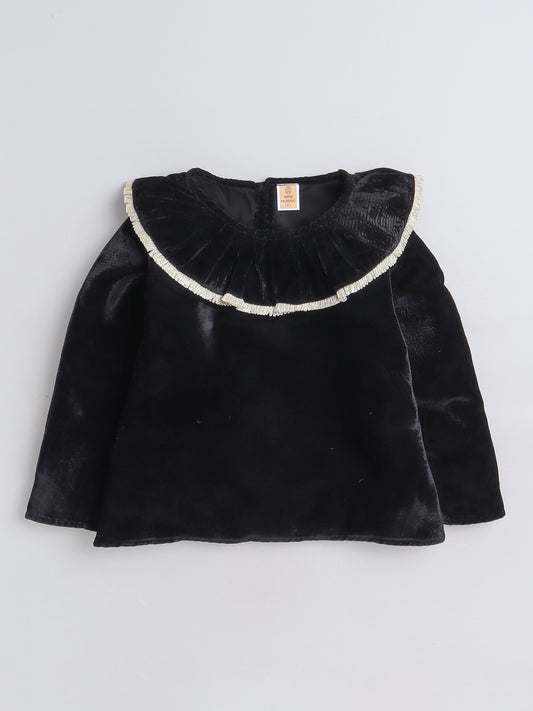 Full Sleeves Neck Frill Detailed Solid Velvet Party Top