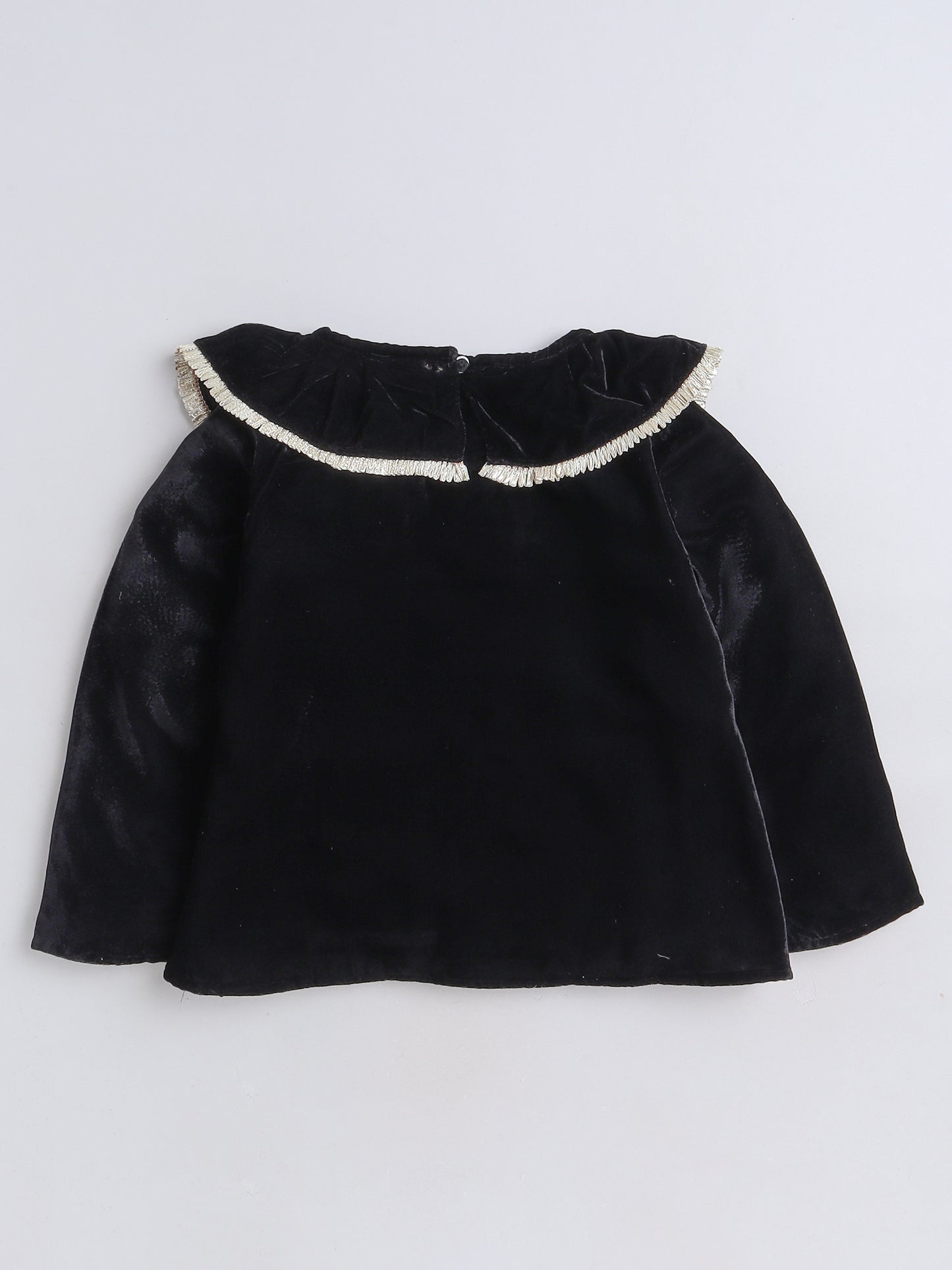 Full Sleeves Neck Frill Detailed Solid Velvet Party Top