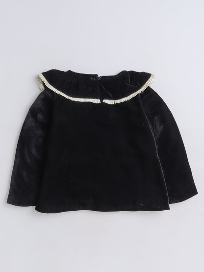 Full Sleeves Neck Frill Detailed Solid Velvet Party Top