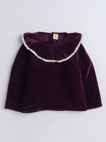Full Sleeves Neck Frill Detailed Solid Velvet Party Top