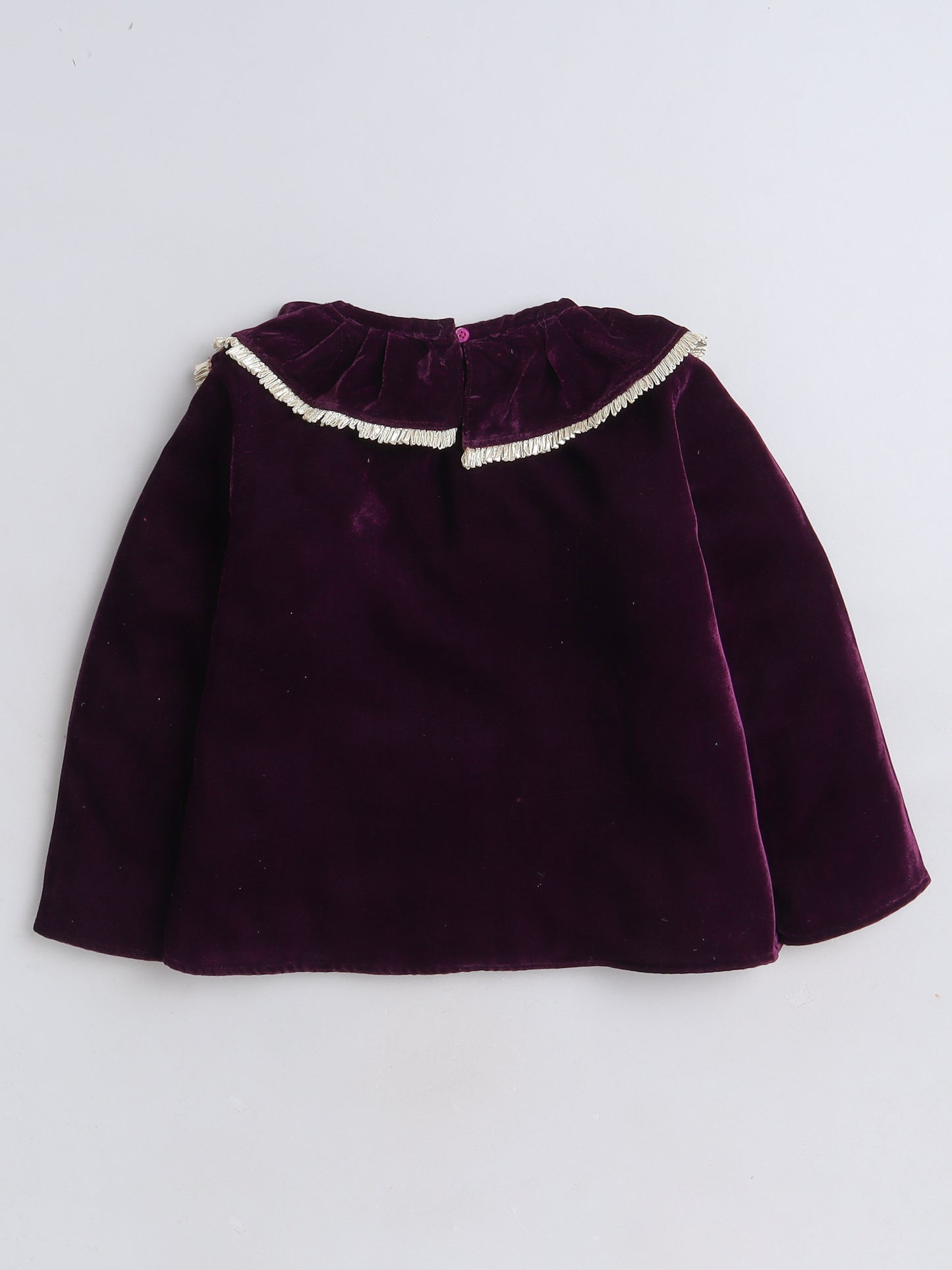 Full Sleeves Neck Frill Detailed Solid Velvet Party Top