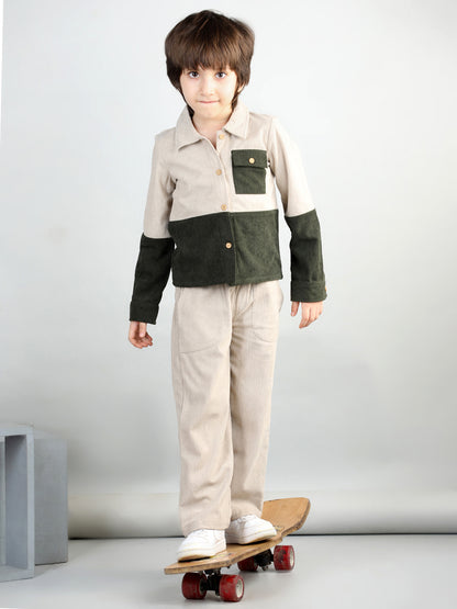Corduroy Full Sleeves Colour Blocked Shirt With Solid Trousers
