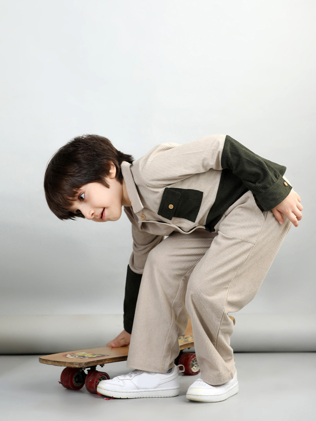 Corduroy Full Sleeves Colour Blocked Shirt With Solid Trousers