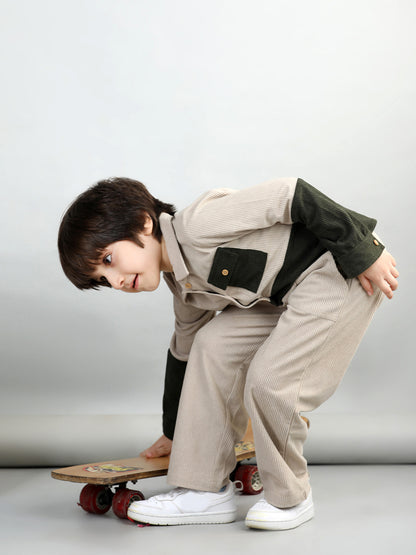 Corduroy Full Sleeves Colour Blocked Shirt With Solid Trousers