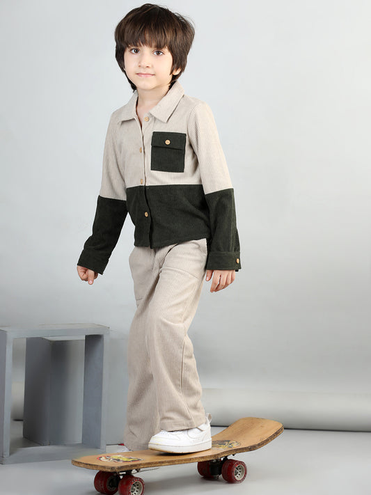 Corduroy Full Sleeves Colour Blocked Shirt With Solid Trousers