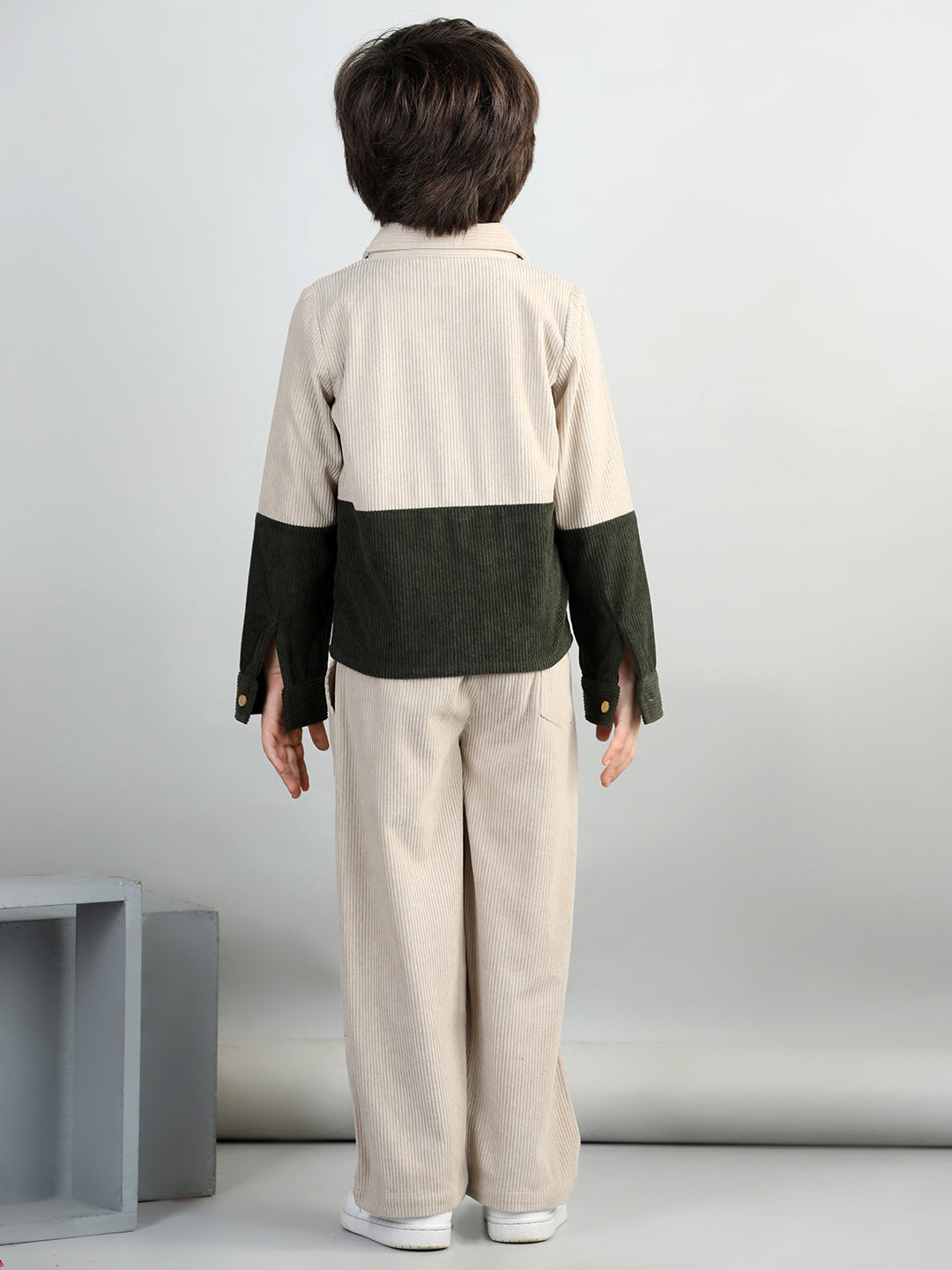 Corduroy Full Sleeves Colour Blocked Shirt With Solid Trousers