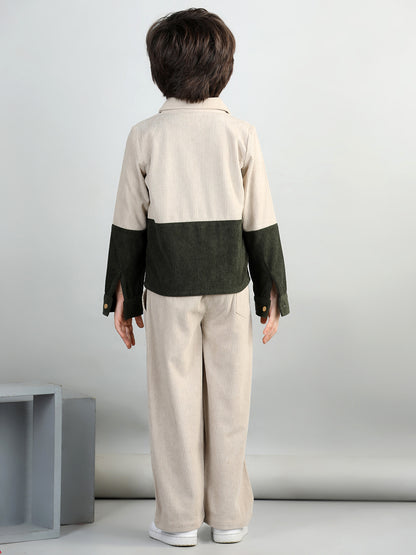 Corduroy Full Sleeves Colour Blocked Shirt With Solid Trousers