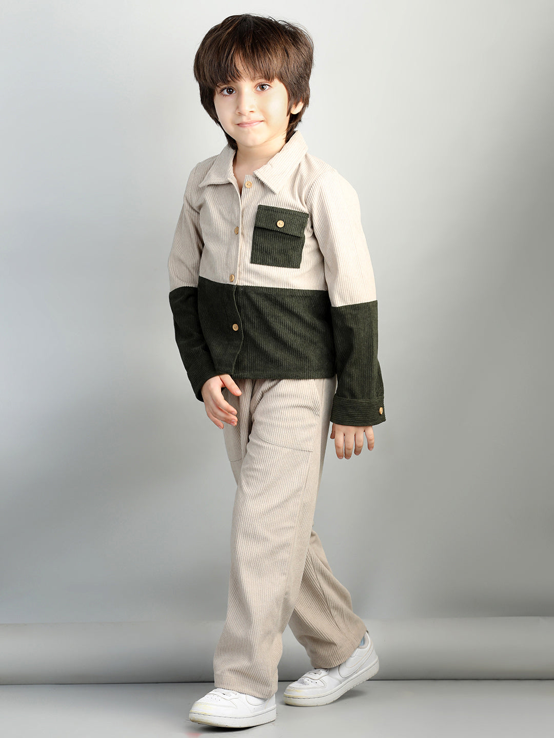 Corduroy Full Sleeves Colour Blocked Shirt With Solid Trousers