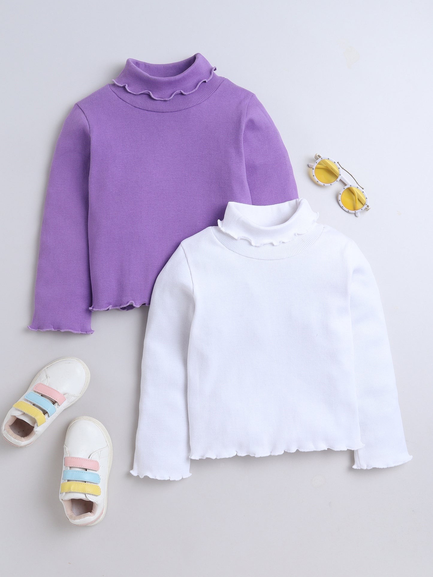 Pack Of 2 Cotton Rib Full Sleeves Solid Tees - Lavender & White