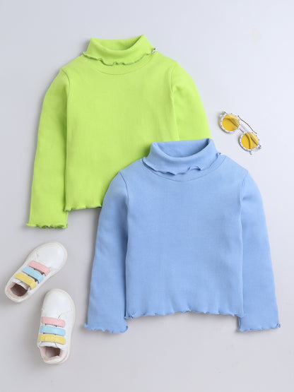 Pack Of 2 Cotton Rib Full Sleeves Solid Tees - Green & Blue