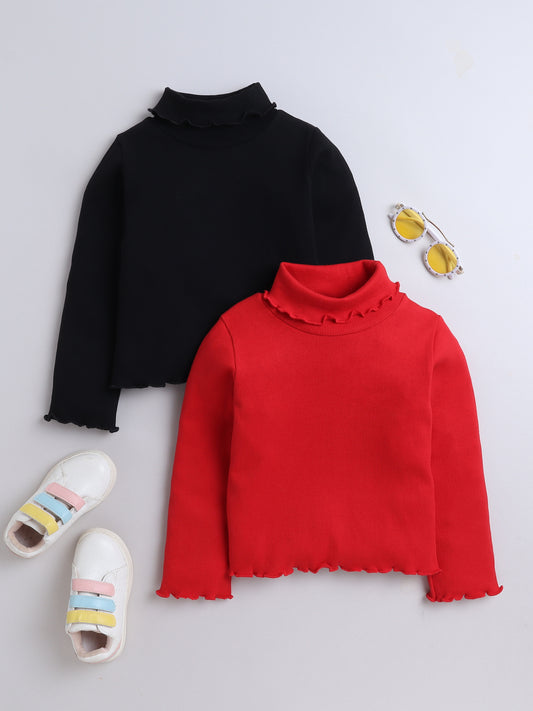 Pack Of 2 Cotton Rib Full Sleeves Solid Tees - Black & Red