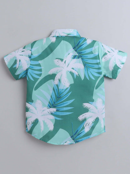 Boys Green Leaf Print Shirt with White Bottom – Casual Set - Pure, Chemical-Free Kidswear