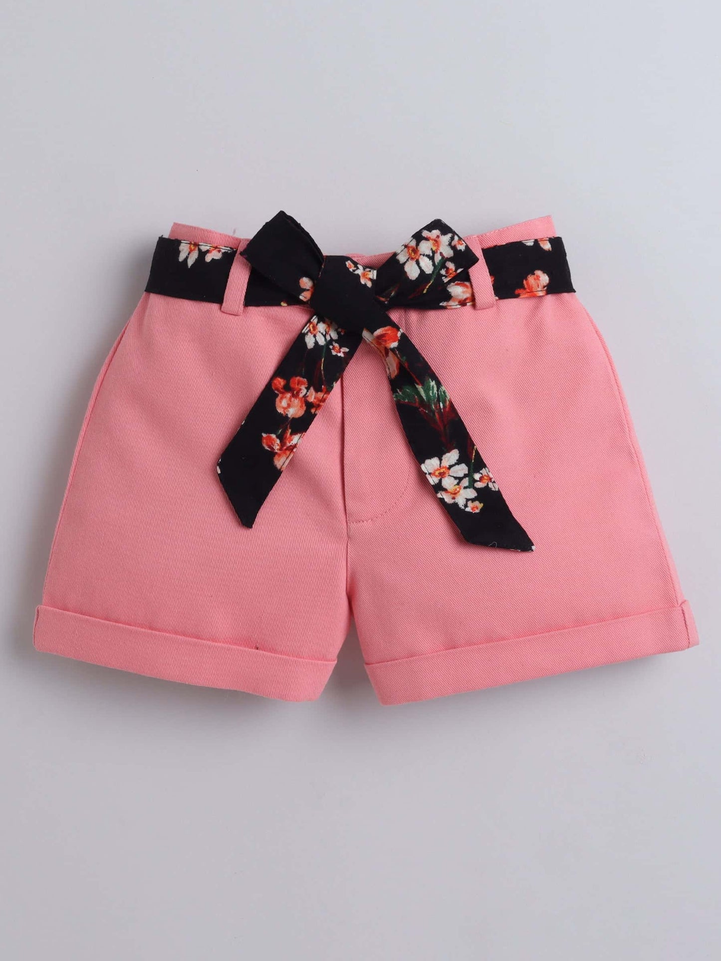Girls Black One Shoulder Tank Top & Shorts Set – With Printed Belt - Pure, Chemical-Free Kidswear