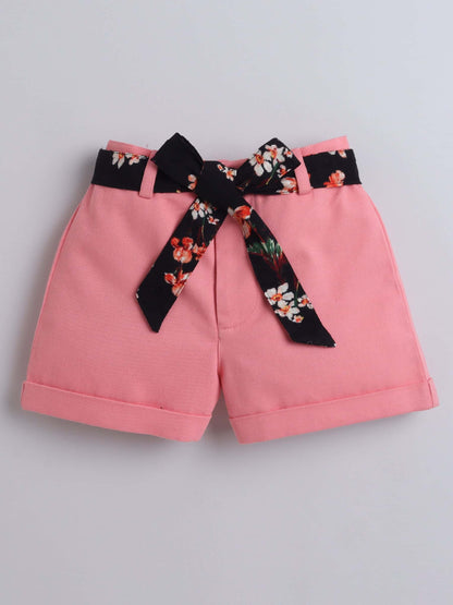 Girls Black One Shoulder Tank Top & Shorts Set – With Printed Belt - Pure, Chemical-Free Kidswear