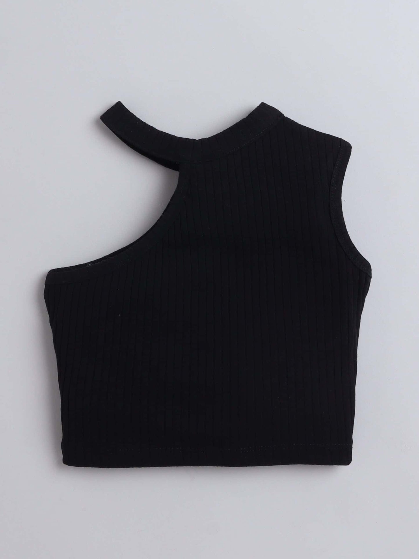 Girls Black One Shoulder Tank Top & Shorts Set – With Printed Belt - Pure, Chemical-Free Kidswear