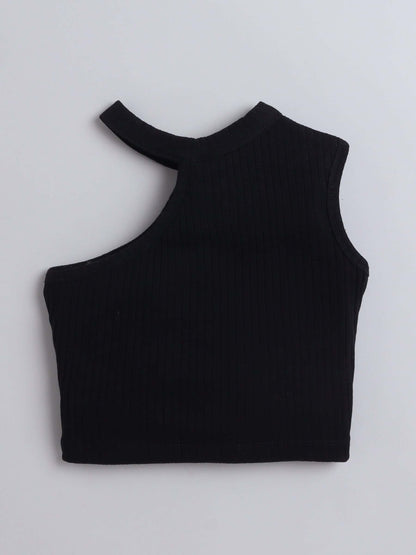 Girls Black One Shoulder Tank Top & Shorts Set – With Printed Belt - Pure, Chemical-Free Kidswear