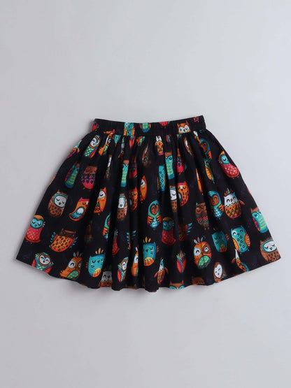 Girls Cotton Top with Owl Print Skirt – Trendy Green Ensemble - Pure, Chemical-Free Kidswear