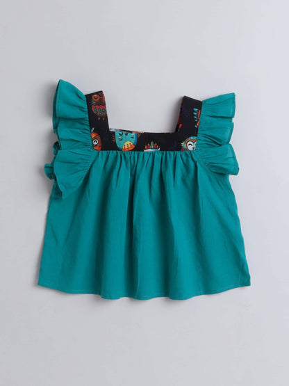 Girls Cotton Top with Owl Print Skirt – Trendy Green Ensemble - Pure, Chemical-Free Kidswear