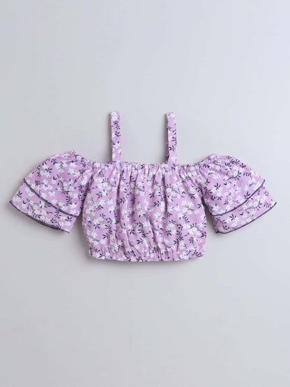 Girls Floral Print Crop Top & Three-Piece Lyre Skirt – Mauve Set - Pure, Chemical-Free Kidswear