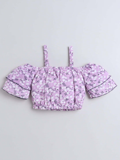 Girls Floral Print Crop Top & Three-Piece Lyre Skirt – Mauve Set - Pure, Chemical-Free Kidswear