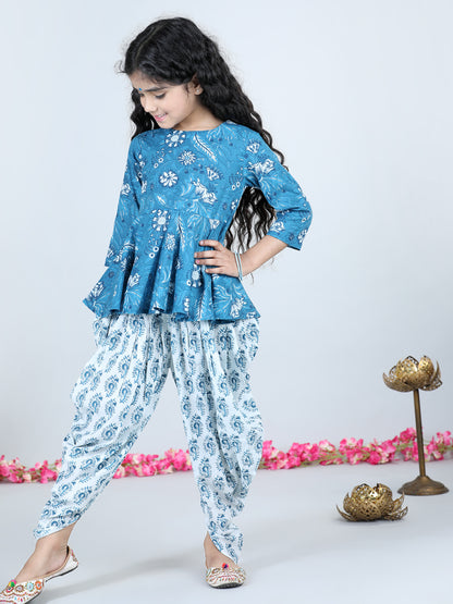 Aww Hunnie Girls Blue Jaipuri Cotton Peplum Top & Dhoti Set – Premium Festive Wear