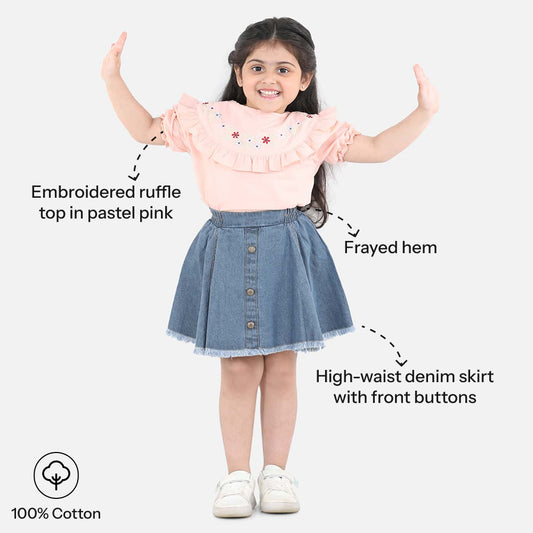Aww Hunnie Cotton Half Sleeves Embrodery Top With Denim Skirt Set-Chic and Casual - Pure, Chemical-Free Kidswear