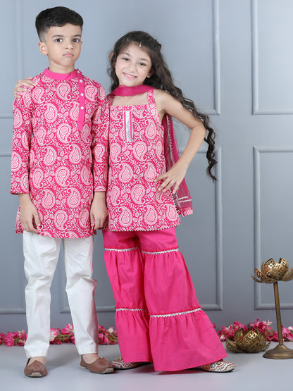 Aww Hunnie Girls Jaipur Cotton Print Sleeveless Kurta & Sharara Set – Pink Festive Elegance