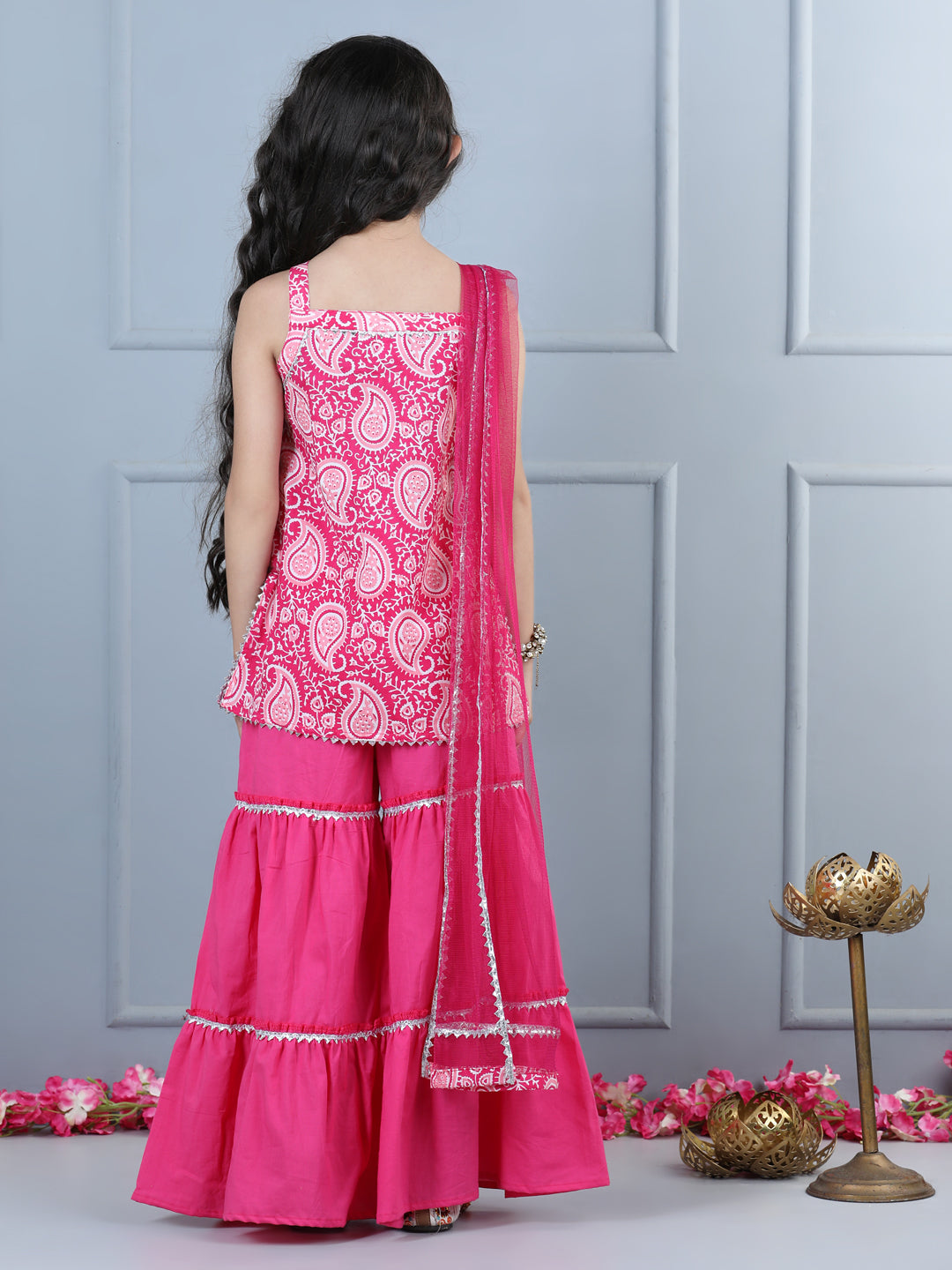 Aww Hunnie Girls Jaipur Cotton Print Sleeveless Kurta & Sharara Set – Pink Festive Elegance