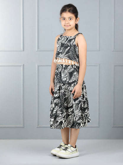 Aww Hunnie Premium Leaf-Print Top & Calf-Length Skirt Set – 100% Cotton Rayon