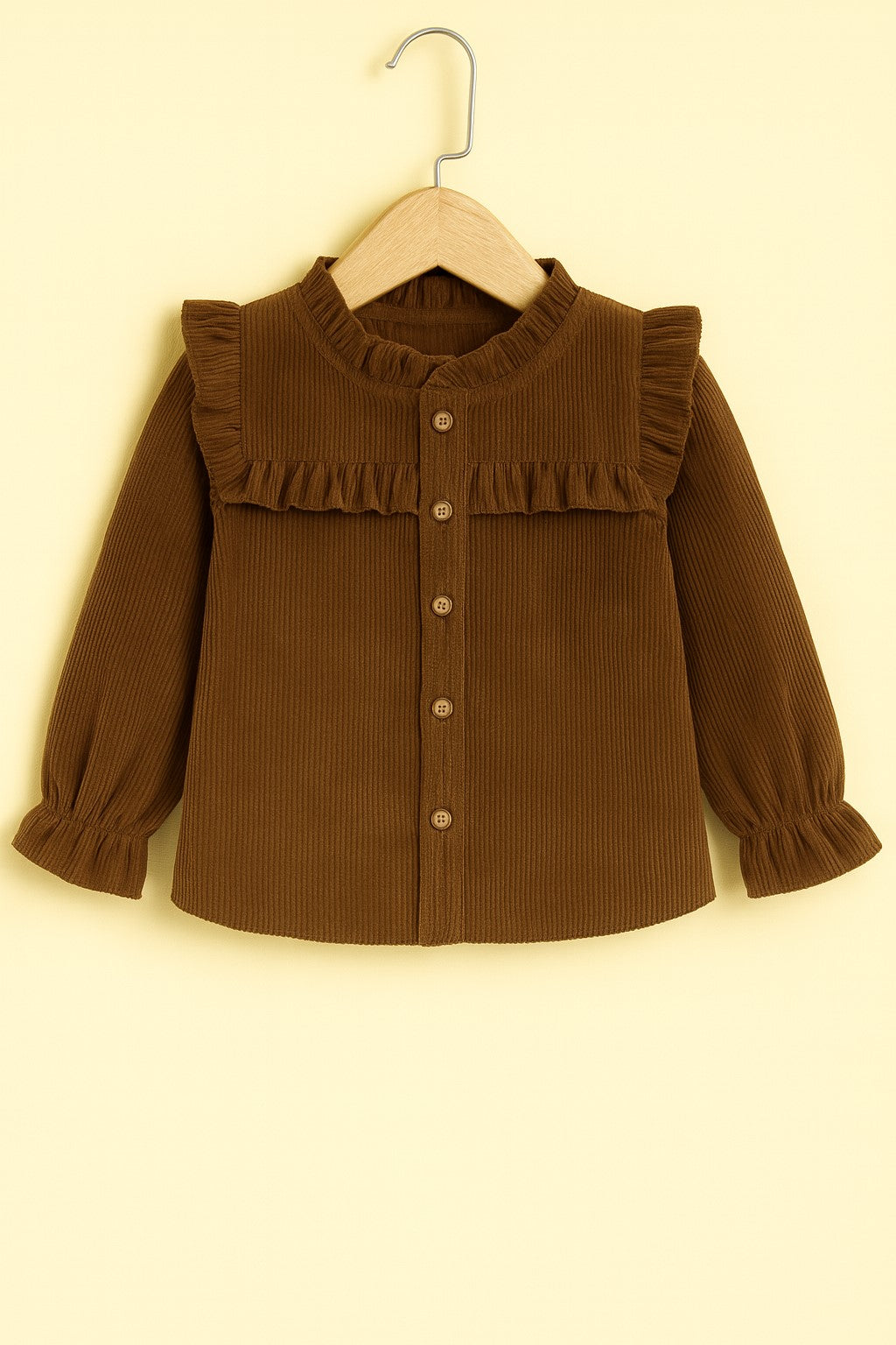 Corduroy Full Sleeves Front Botton Frill Style Top