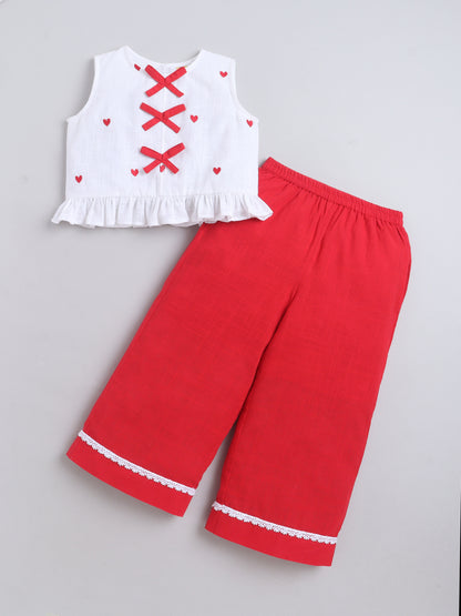 Cotton Sleeveless Heart Embroidery Design Top With Bottom Co Ords Set