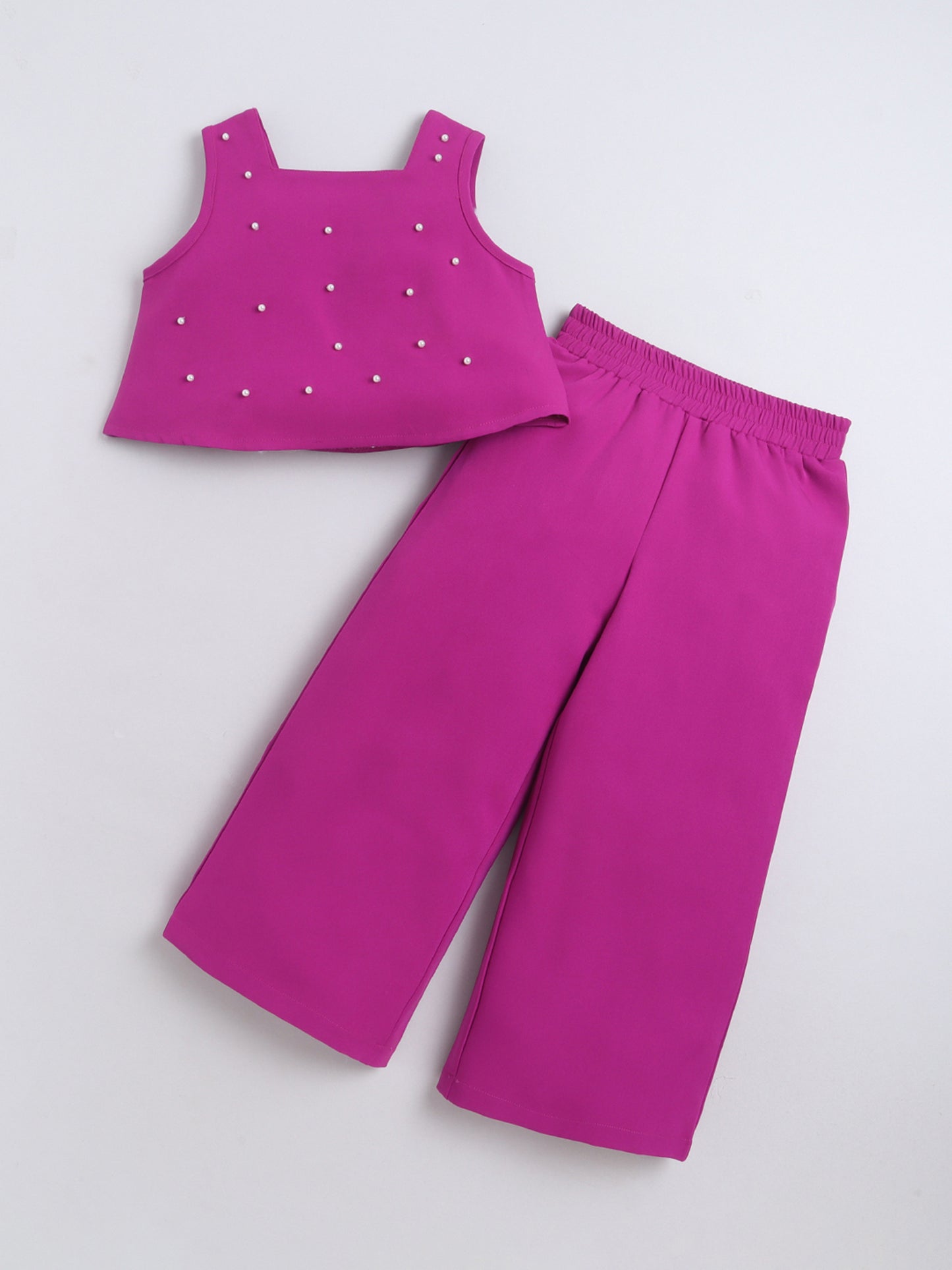 Bananna Crape Fabric Sleeveless Pearl Design Crop Top With Bottom Co Ords Set