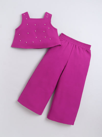 Bananna Crape Fabric Sleeveless Pearl Design Crop Top With Bottom Co Ords Set