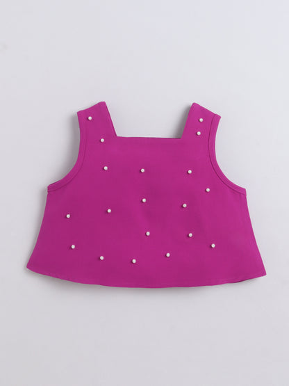 Bananna Crape Fabric Sleeveless Pearl Design Crop Top With Bottom Co Ords Set
