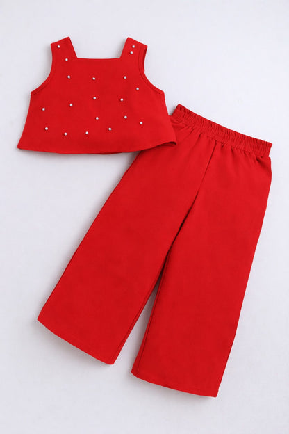 Bananna Crape Fabric Sleeveless Pearl Design Crop Top With Bottom Co Ords Set